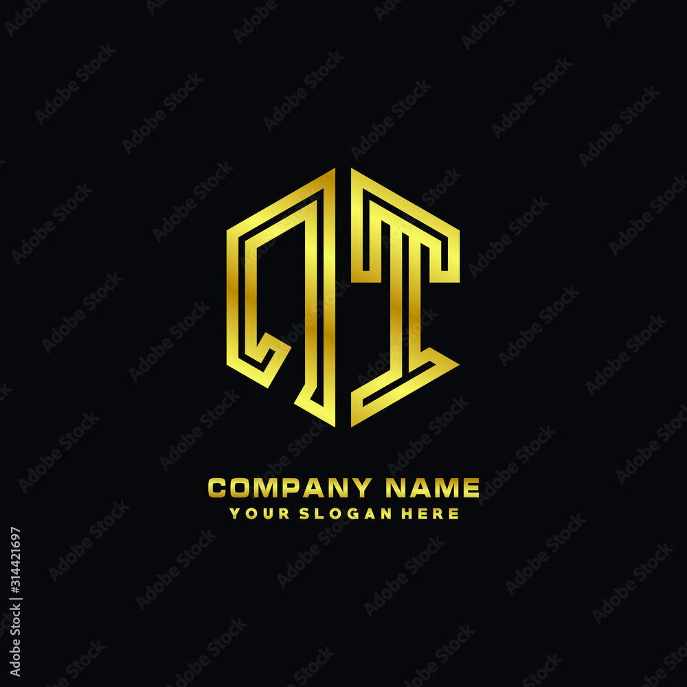 Initial letter QT, minimalist line art monogram hexagon logo, gold color Initial letter QT, minimalist line art monogram hexagon logo, gold color