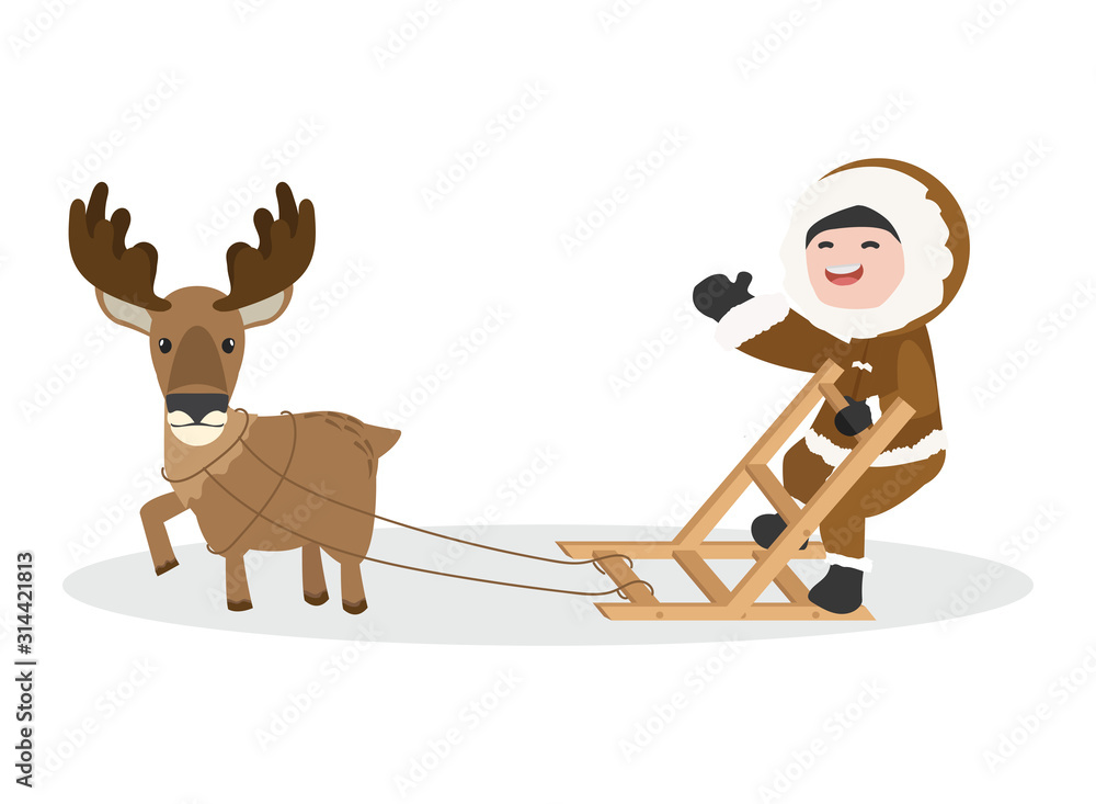 Arctic Eskimo using sledge with Moose