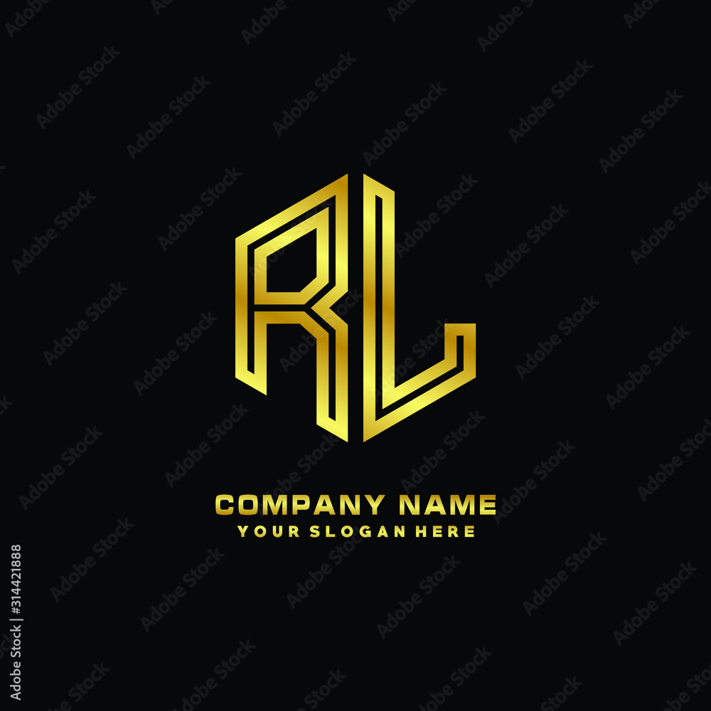 Initial letter RL, minimalist line art monogram hexagon logo, gold color Initial letter RL, minimalist line art monogram hexagon logo, gold color