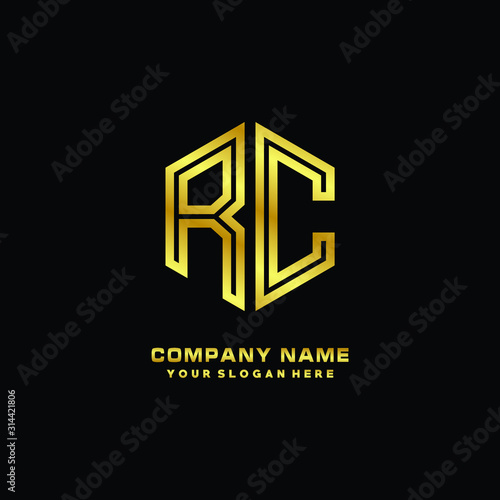 Initial letter RC, minimalist line art monogram hexagon logo, gold color