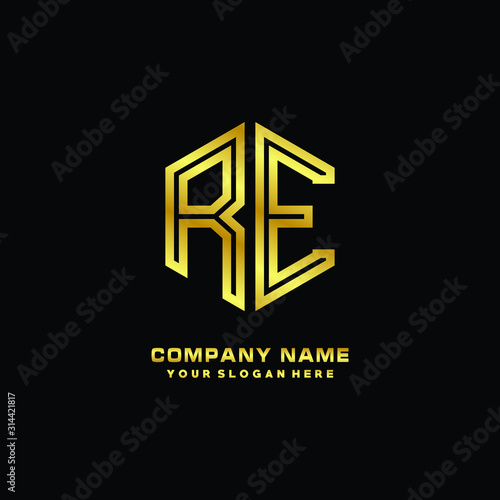 Initial letter RE, minimalist line art monogram hexagon logo, gold color