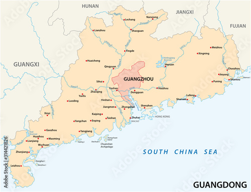 Map of the southern Chinese province of Guangdong with the most important cities