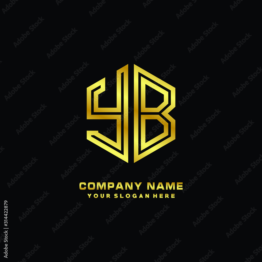 Initial letter YB, minimalist line art monogram hexagon logo, gold color Initial letter YB, minimalist line art monogram hexagon logo, gold color