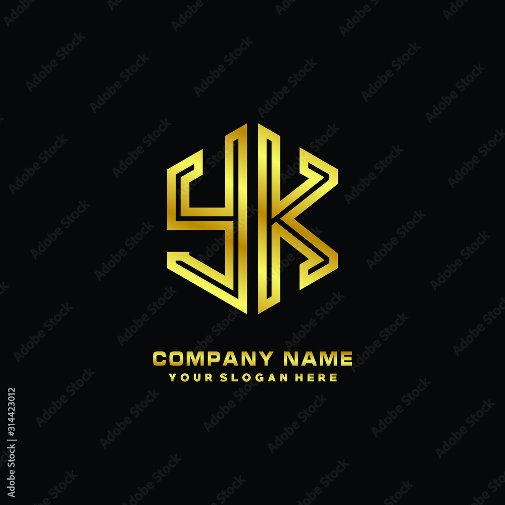 Fototapeta premium Initial letter YK, minimalist line art monogram hexagon logo, gold color