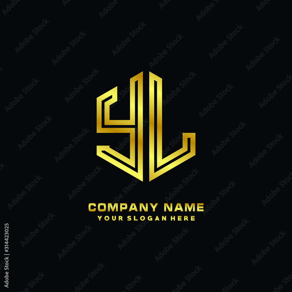 Initial letter YL, minimalist line art monogram hexagon logo, gold color Initial letter YL, minimalist line art monogram hexagon logo, gold color