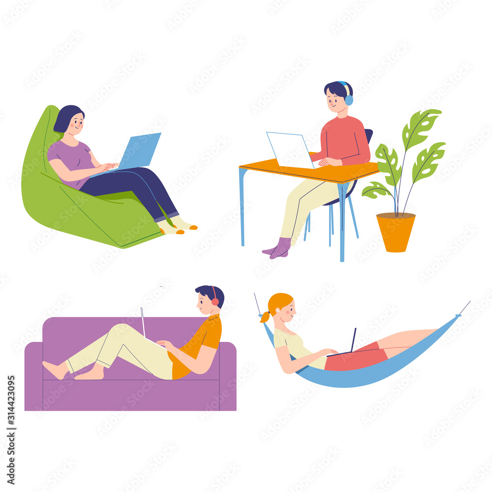 poses and style of people who relax but are still actively working on their laptops, the work concepts of freelancers and remote workers poses and style of people who relax but are still actively working on their laptops, the work concepts of freelancers and remote workers