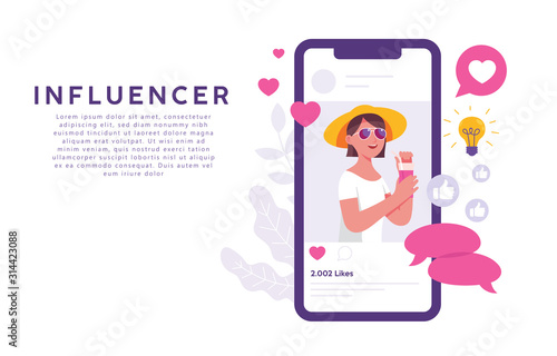 concept of illustration of women as social media influencers who are on the rise and become the inspiration of their followers. an influencer illustration concept that requires likes, love and comment photo
