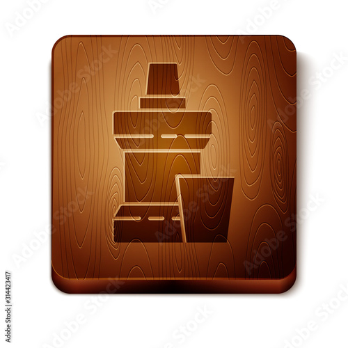 Brown Mouthwash plastic bottle and glass icon isolated on white background. Liquid for rinsing mouth. Oralcare equipment. Wooden square button. Vector Illustration
