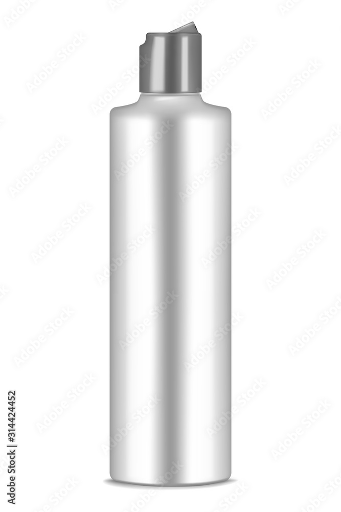 Cosmetic bottle with open disc top screw cap isolated on white background, realistic mockup. Liquid beauty product packaging container, vector mock-up Cosmetic bottle with open disc top screw cap isolated on white background, realistic mockup. Liquid beauty product packaging container, vector mock-up