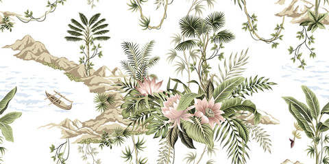 Papier peint photo Style vintage patrons Île tropicale vintage et palmiers exotiques  © good_mood