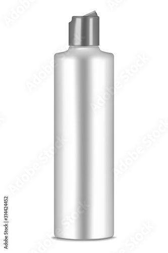 Cosmetic bottle with open disc top screw cap isolated on white background, realistic mockup. Liquid beauty product packaging container, vector mock-up