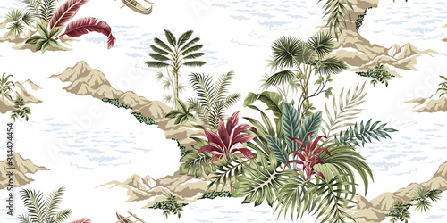 Tropical vintage botanical island  seamless pattern white background. Exotic jungle wallpaper.