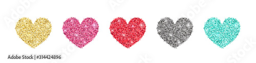 Decorative glitter shiny hearts set isolated on white. Rose gold, pink, golden, silver, red, mint glossy sparkles shape. Vector illustration for web, banner, sticker, wedding, Valentines greeting card