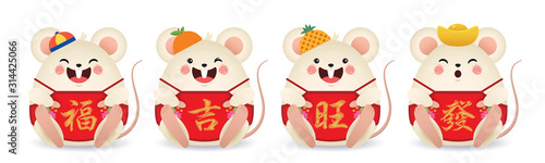 2020 year of the rat flat design. Cute cartoon mouse wearing chinese dudou (yem) on white background. Chinese new year design element. (caption: blessing, good fortune, prosperous & prosperity)
