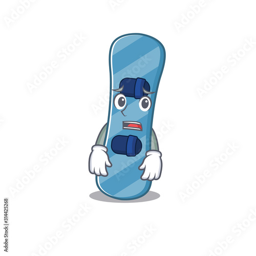A picture of snowboard showing afraid look face