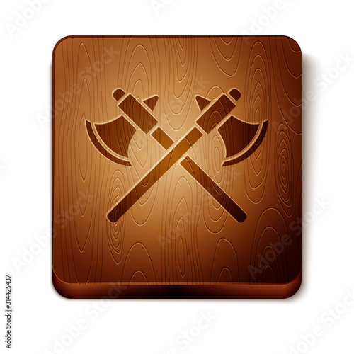 Brown Crossed medieval axes icon isolated on white background. Battle axe, executioner axe. Wooden square button. Vector Illustration