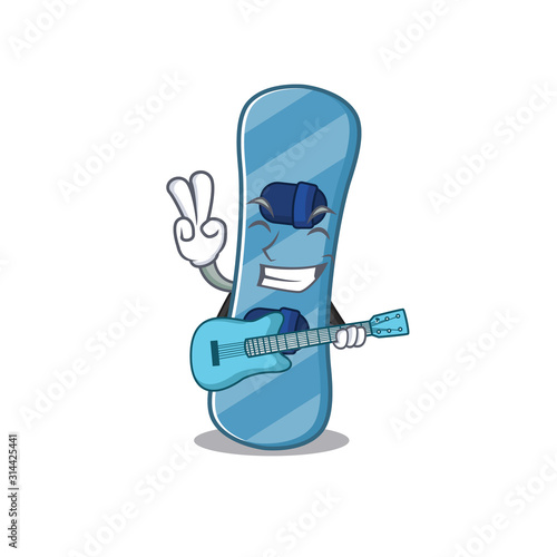 A mascot of snowboard performance with guitar