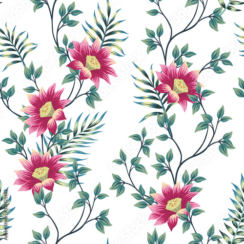 Tropical vintage lotus flower, palm leaves, liana floral seamless pattern white background. Exotic jungle wallpaper.