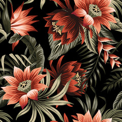 Stickers Vintage bloemen patronen Tropische lotus en palmbladeren op zwart  © good_mood