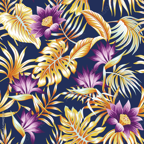 Tropical vintage floral palm leaves purple lotus flower seamless pattern black background. Exotic jungle wallpaper.
