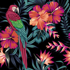 Fotobehang Hibiscus patronen Vintage ara hibiscus en strelitzia  © good_mood