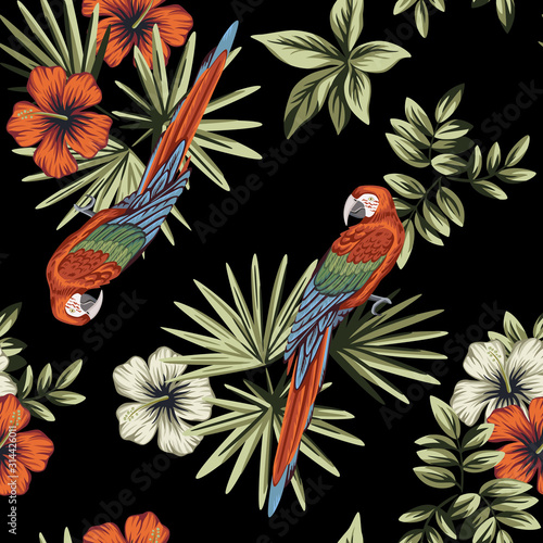 Tropical vintage red white hibiscus flower, palm leaves, macaw parrot floral seamless pattern black background. Exotic jungle wallpaper.