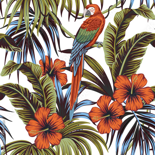  Tropical vintage palm leaves, banana leaves, hibiscus flower, macaw parrot, floral seamless pattern white background. Exotic jungle wallpaper.