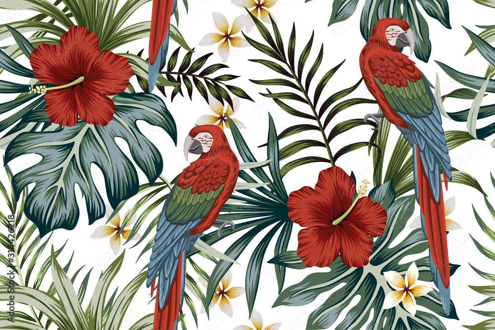 Tropical vintage macaw parrot, hibiscus flower, palm leaves floral seamless  pattern white background. Exotic jungle wallpaper. Stock Vector | Adobe  Stock
