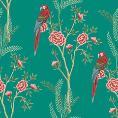 Handdoek met foto Papegaai patronen Vintage rozentuin met ara papegaai  © good_mood