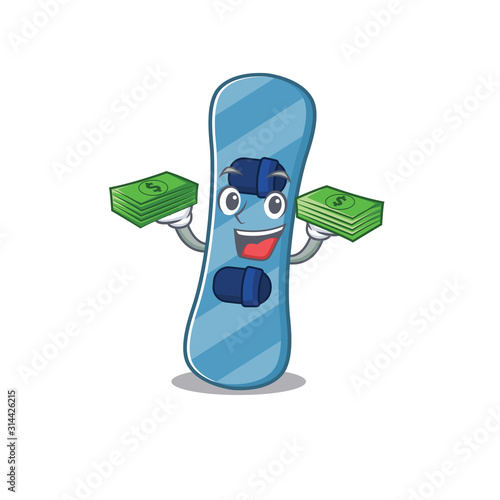 happy rich snowboard character with money on hands