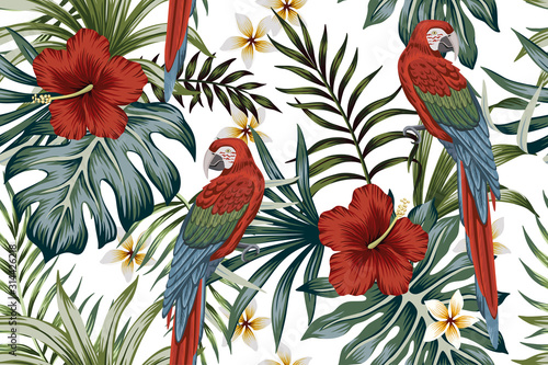 Tropical vintage macaw parrot, hibiscus flower, palm leaves floral seamless pattern white background. Exotic jungle wallpaper.
