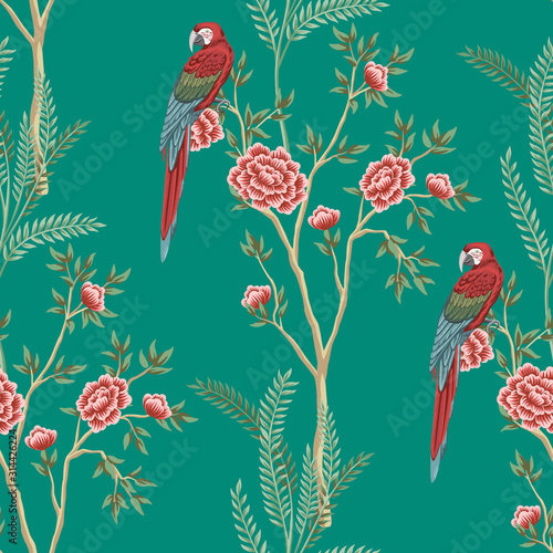 Vintage garden rose tree, plant, macaw parrot floral seamless pattern turquoise background. Exotic chinoiserie wallpaper.