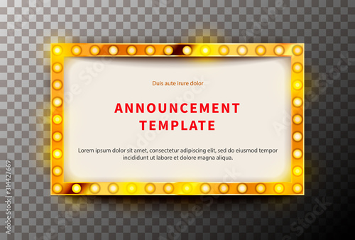 Gold frame with lighting bulbs, template in vintage style on transparent