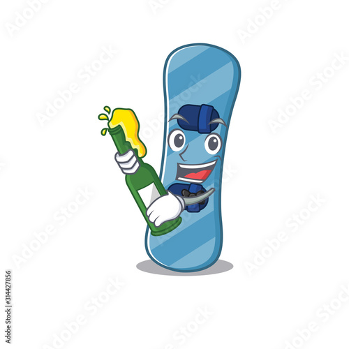 mascot cartoon design of snowboard with bottle of beer