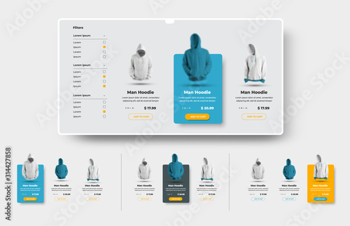 Vector UI set of product cards for the online store and e-commerce with button and price tag.