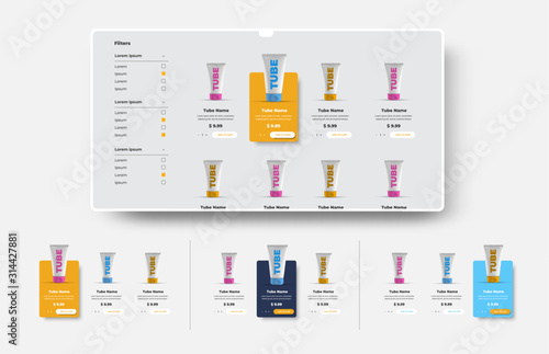Vector UI design set of product cards for e-commerce, online cosmetics stores.