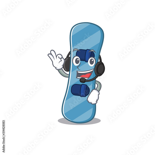 Smiley snowboard cartoon character design wearing headphone