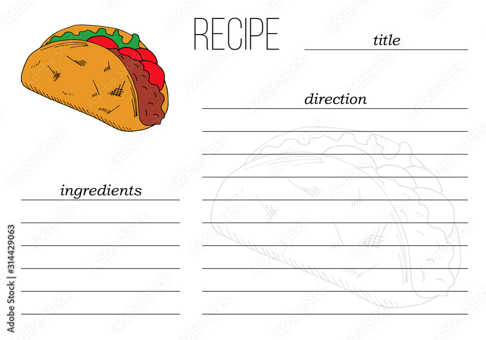 Vector simple recipe card template with fast food illustration in cartoon style.