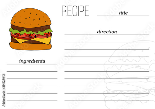 Vector simple recipe card template with fast food illustration in cartoon style.