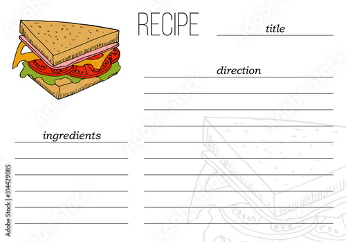 Vector simple recipe card template with fast food illustration in cartoon style.