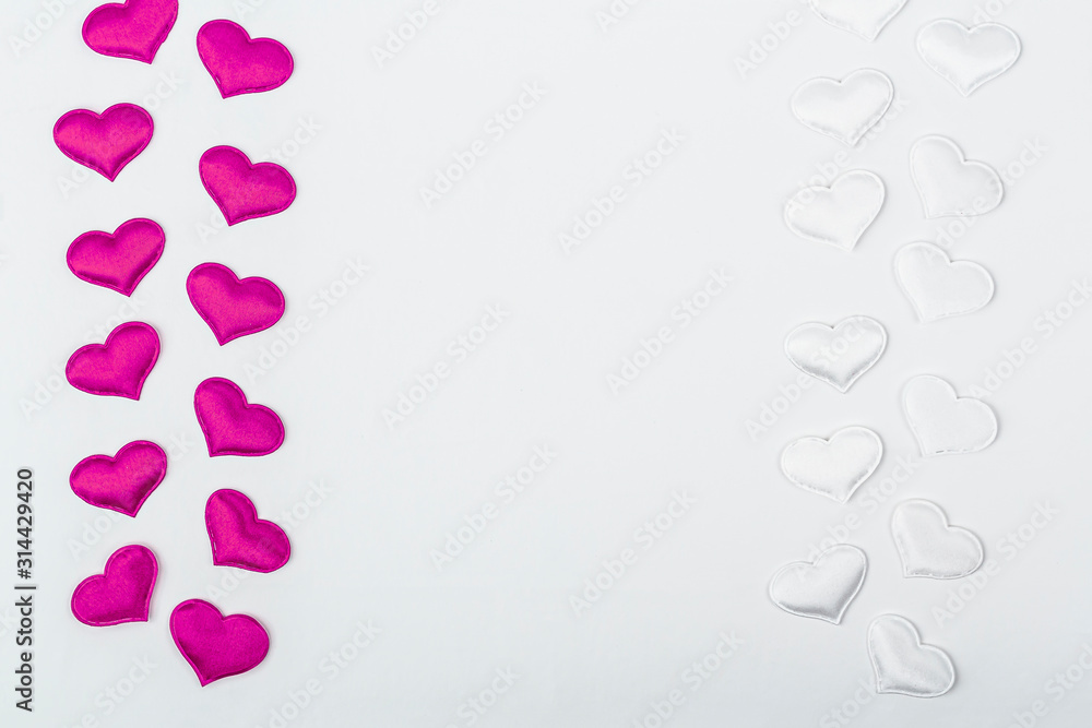 Valentines day romantic pattern with set of pink and white hearts on white background. February 14,  lovers day concept. Flat lay, copy space for text. Concept of romantic valentines