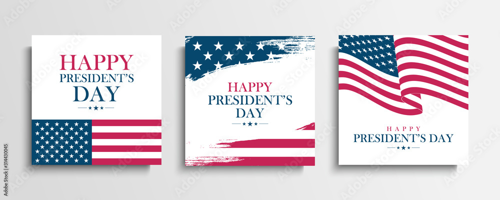USA President's Day greeting cards set with United States national flag. Washington's birthday. United States national holiday vector illustration.