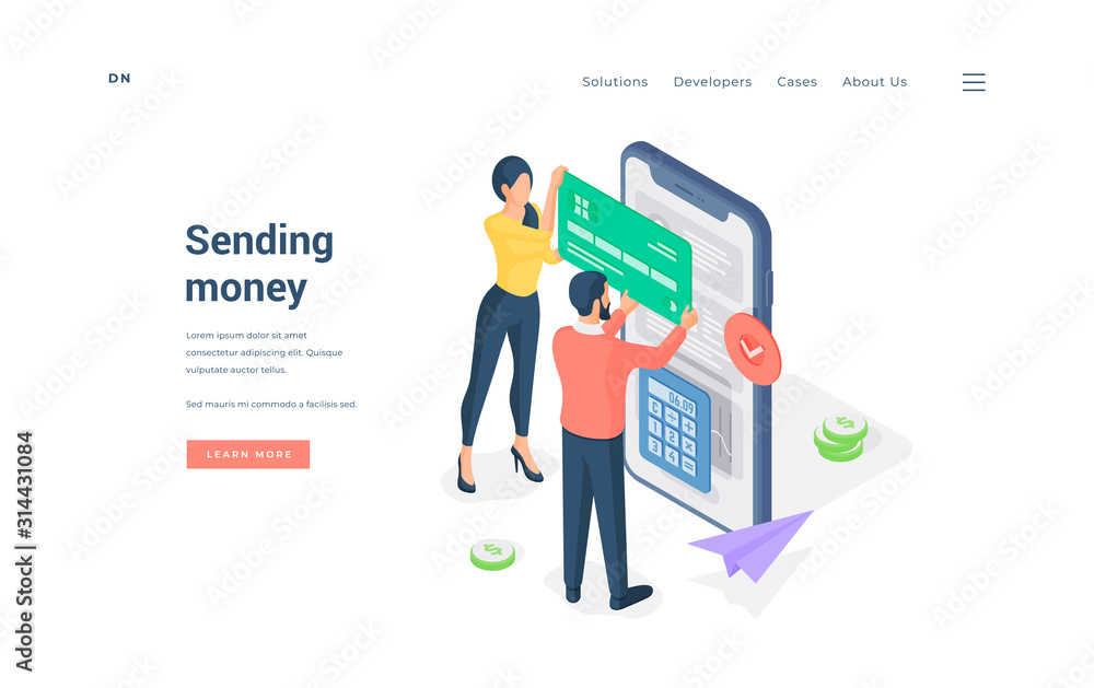 Couple making money transaction on smartphone isometric vector illustration. Couple making money transaction on smartphone isometric vector illustration.