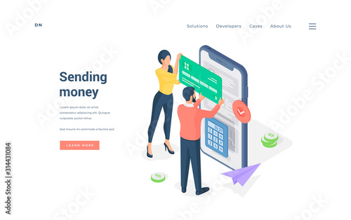 Couple making money transaction on smartphone isometric vector illustration.