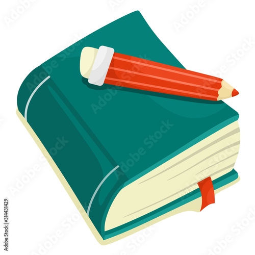 Cute cartoon book with a pencil. Vector isolate in cartoon flat style on a white background.