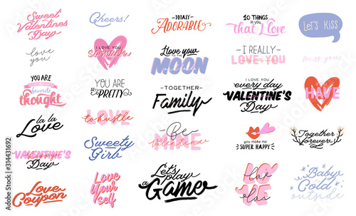 Beautiful love print with Valentines day elements. Romantic and cute elements and lovely typography. Vector hand drawn illustrations and lettering. Good for wedding, scrapbook, logo, t shirt design.