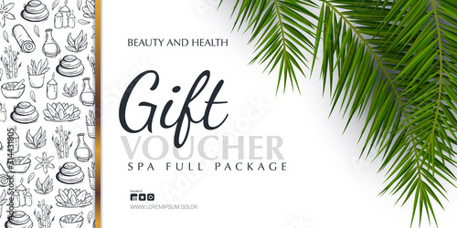 Spa or Beauty saloon Gift voucher with palm leaves and hand draw doodle background.