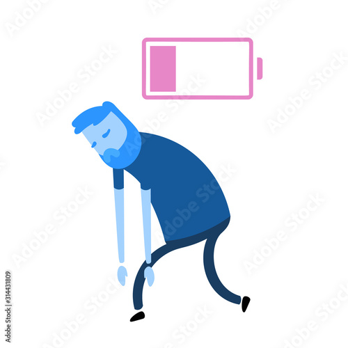 Tired, upset man feeling low energy. Flat vector illustration. Isolated on white background.