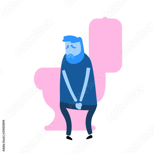 Man wanting to pee. Guy pressing hands against his stomach as if in pain. Cartoon design icon. Flat vector illustration. Isolated on white background.
