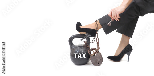 Fototapeta Woman's legs with chains and weights. The tax concept .